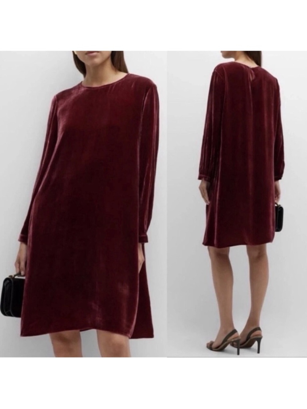 NWT Eileen Fisher Ruby Red Velvet‎ Crew Neck Silk Blend Dress